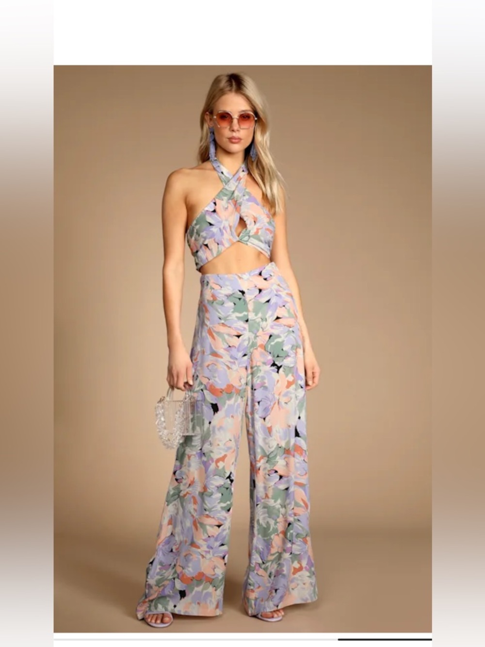 Lulu's Pastel Palm Beach Babe Lilac Floral Print Wide-Leg & Halter Top XS